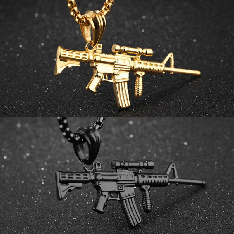 Men’s machine gun pendant necklace in black gold color stainless steel with detailed craftsmanship for hip hop punk style