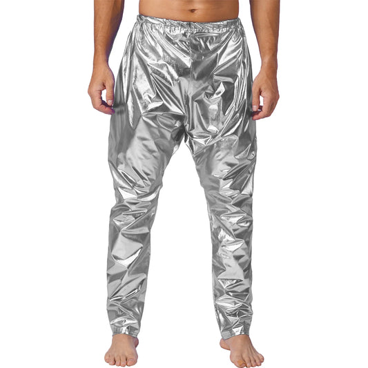 Mens metallic shiny harem pants in solid silver with reflective crinkled surface and elastic waistband for dance and stage