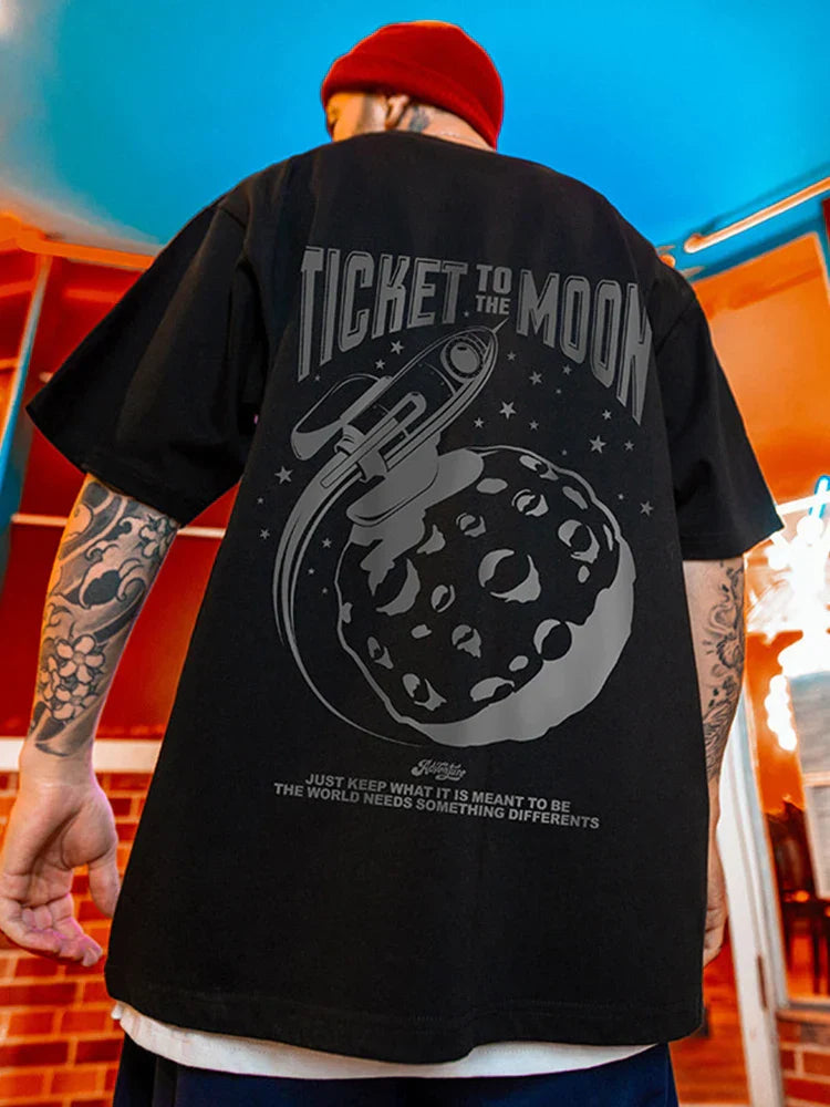 Black oversized hip hop tshirt with gray ticket to the moon printing y2k streetwear graphic for summer fashion