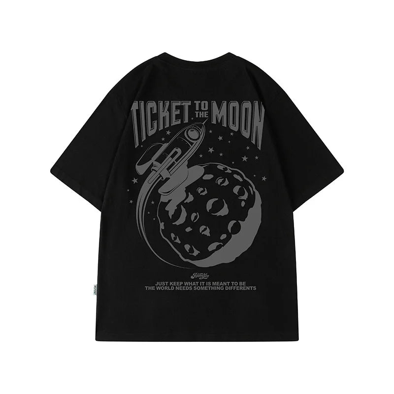 Black oversized hip hop tshirt with gray ticket to the moon printing y2k streetwear graphic design for summer wear