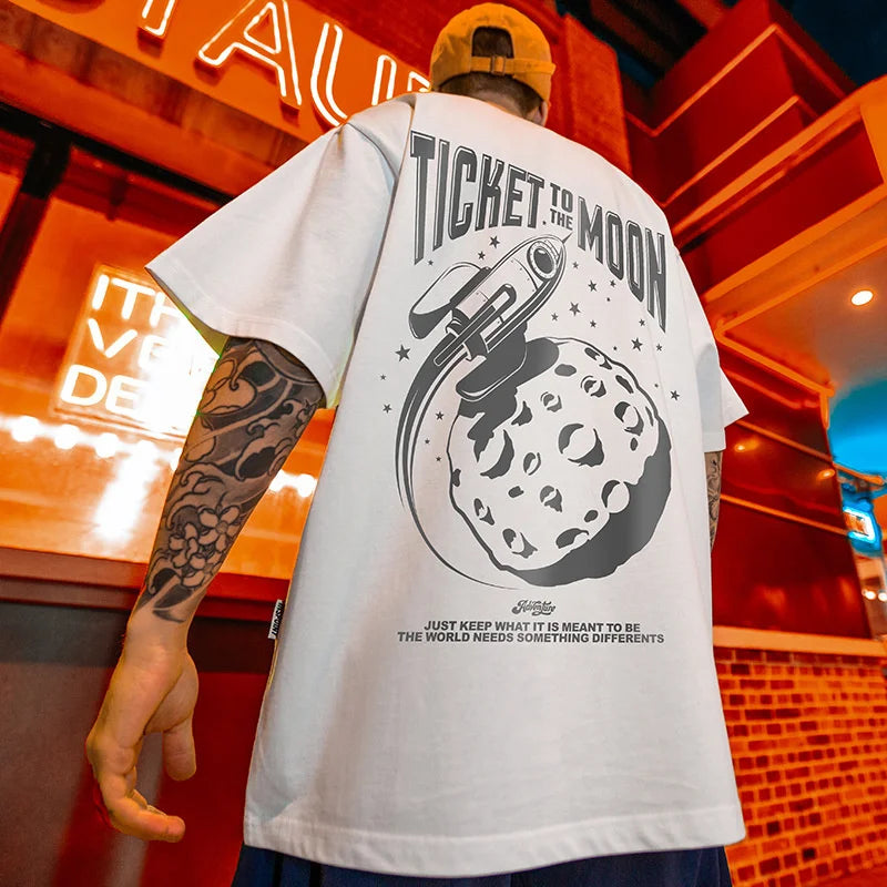 Men’s oversized hip hop tshirt white cotton with black printing y2k streetwear rocket and moon graphic design