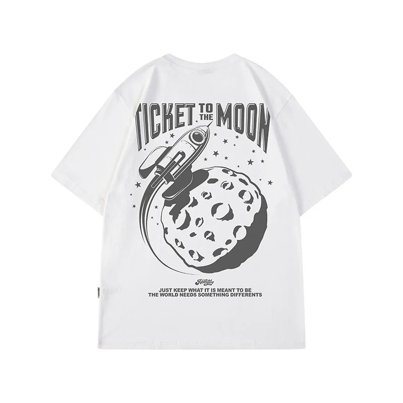 White oversized hip hop t shirt with black and gray ticket to the moon printing y2k streetwear graphic design