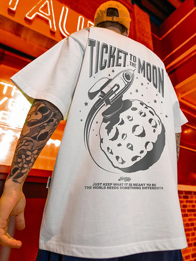 Men’s oversized hip hop tshirt featuring white cotton fabric with black rocket printing y2k streetwear graphic and slogan