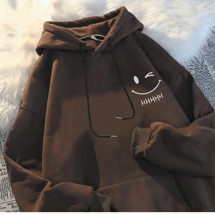 A cozy brown loose thickened cashmere men’s fashion couple hooded sweater with a white smiling face funny embroidery