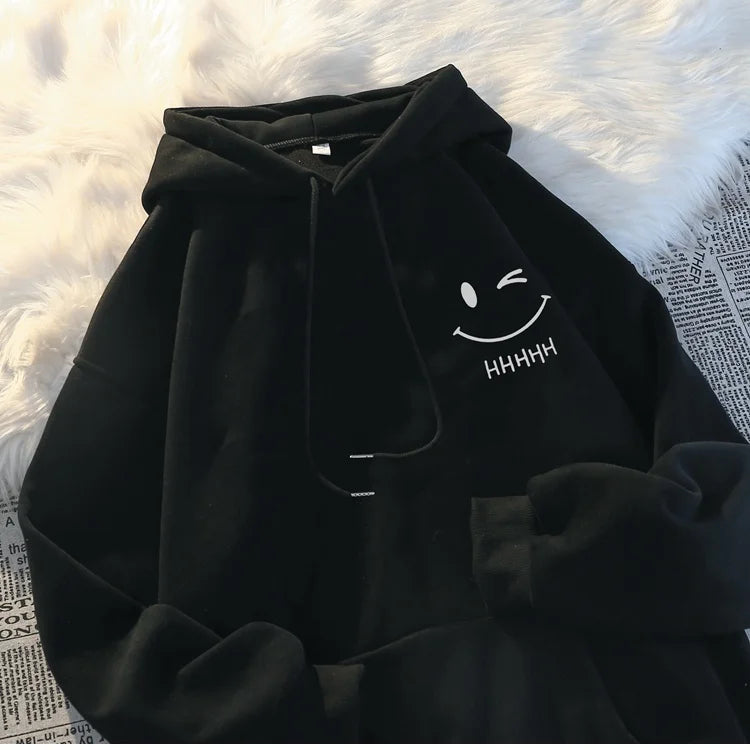 Men’s black thickened cashmere hoodie with white embroidered smiling face funny design and fashion couple hooded style