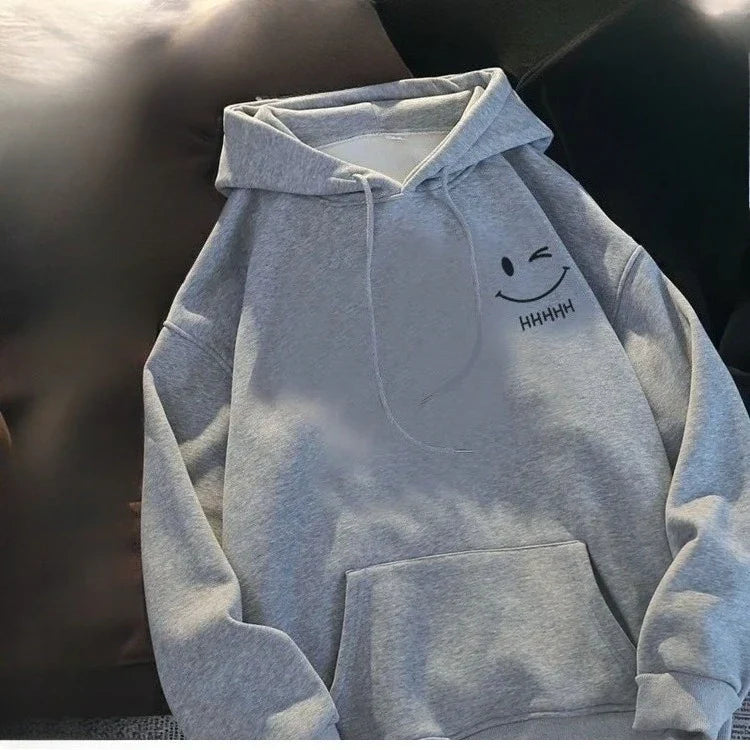 Men’s soft gray loose thickened cashmere hoodie with a smiling face funny embroidery for fashion couple wear