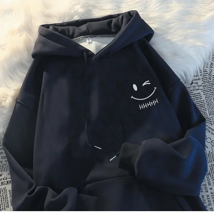 Black men’s loose thickened cashmere hoodie with white embroidered smiling face funny winking design and hhh text on chest