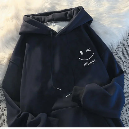 Black men’s loose thickened cashmere hoodie with white embroidered smiling face funny winking design and hhh text on chest