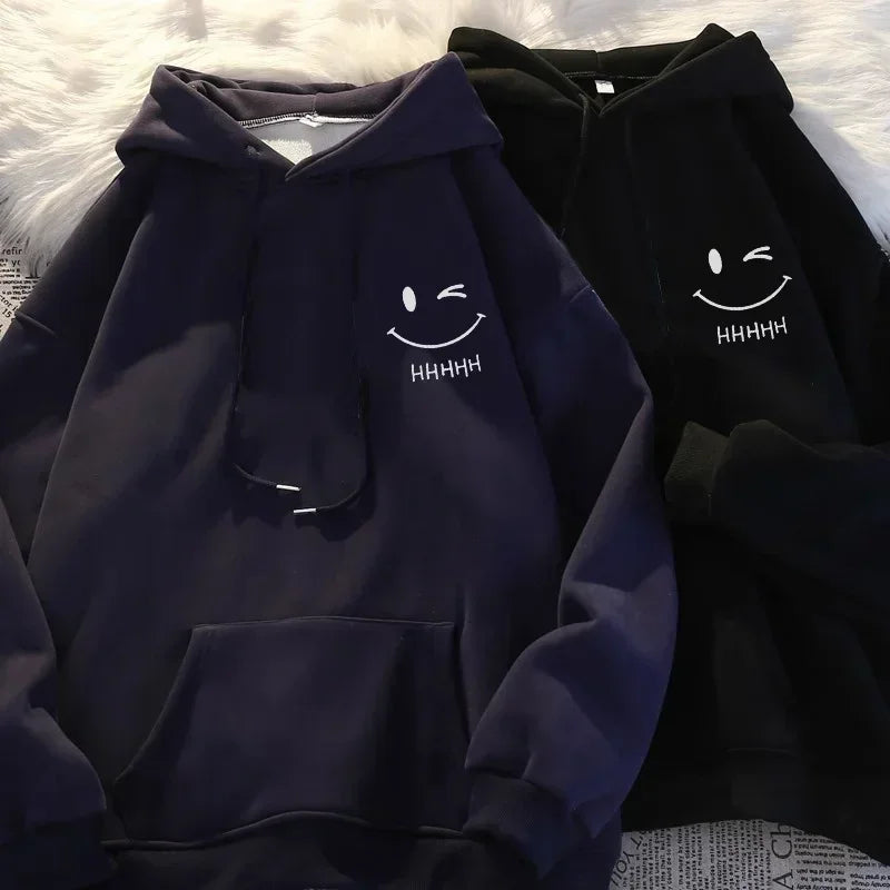 Men’s dark navy and black loose thickened cashmere hooded sweatshirts with white embroidered smiling face funny design for fashion couple hooded style
