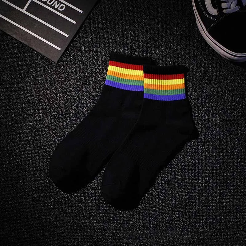 Black knit mens socks fashion with hop cotton rainbow stripes around the cuff for casual tide harajuku style