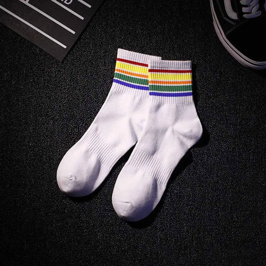 White ankle mens socks fashion made of hop cotton with colorful rainbow stripes for casual tide harajuku style