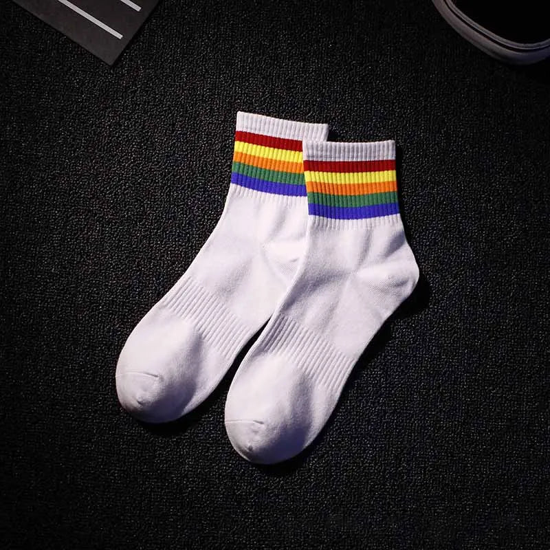 White ankle mens socks fashion made of hop cotton with vibrant rainbow stripes for casual tide harajuku style