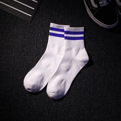 Mens socks fashion white ribbed ankle socks with bold purple stripes made from hop cotton rainbow for casual tide harajuku style