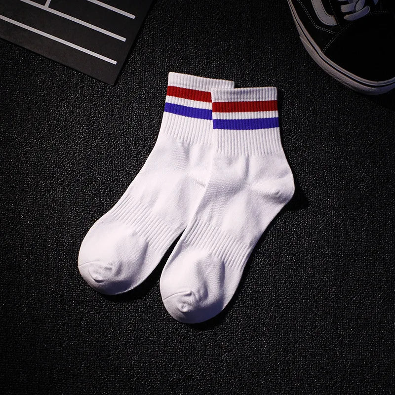 White ankle mens socks fashion with red and blue cotton hop rainbow stripes for casual tide harajuku style