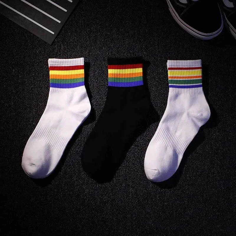 Three pairs of mens socks fashion ankle socks in white and black with hop cotton rainbow stripes for casual tide harajuku style