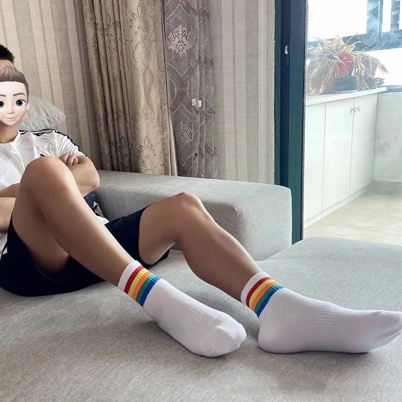 White cotton mens socks fashion with colorful hop cotton rainbow stripes for casual tide harajuku style