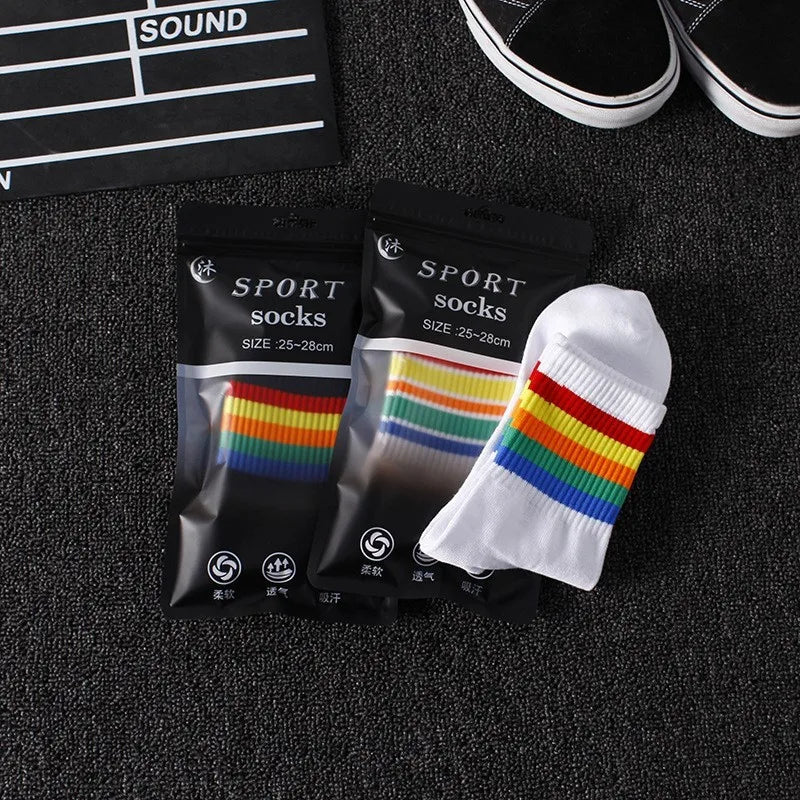White mens socks fashion made of hop cotton with vibrant rainbow stripes for casual tide harajuku style