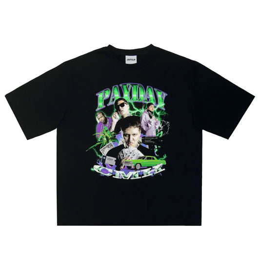 Black oversized men’s cotton t-shirt with neon green and purple graphic print featuring people car and cannabis leaves