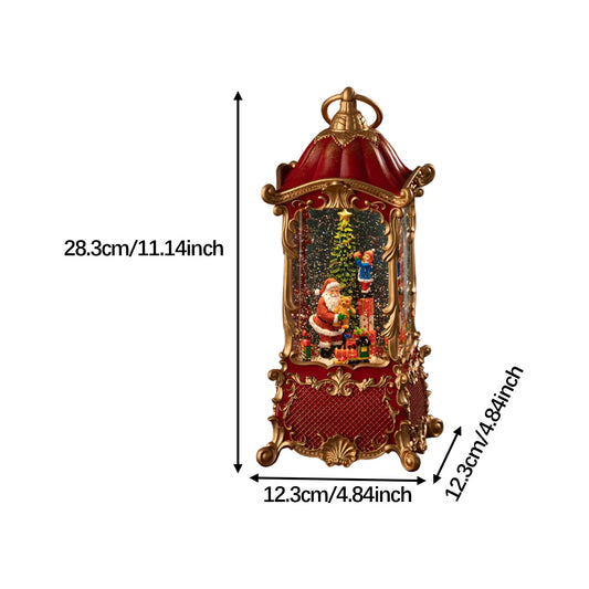 Red and gold ornate christmas music box play melody carousel snow globe featuring miniature santa and gifts inside