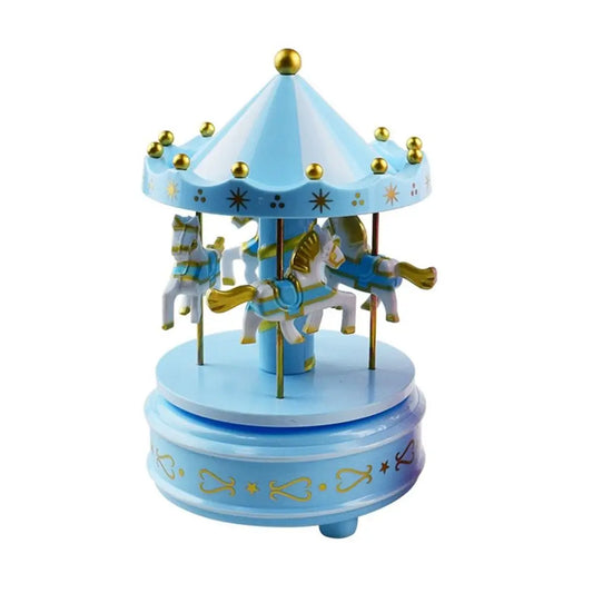 Light blue wooden carousel horse musical box with gold accents for decor girls birthday and baby room gifts