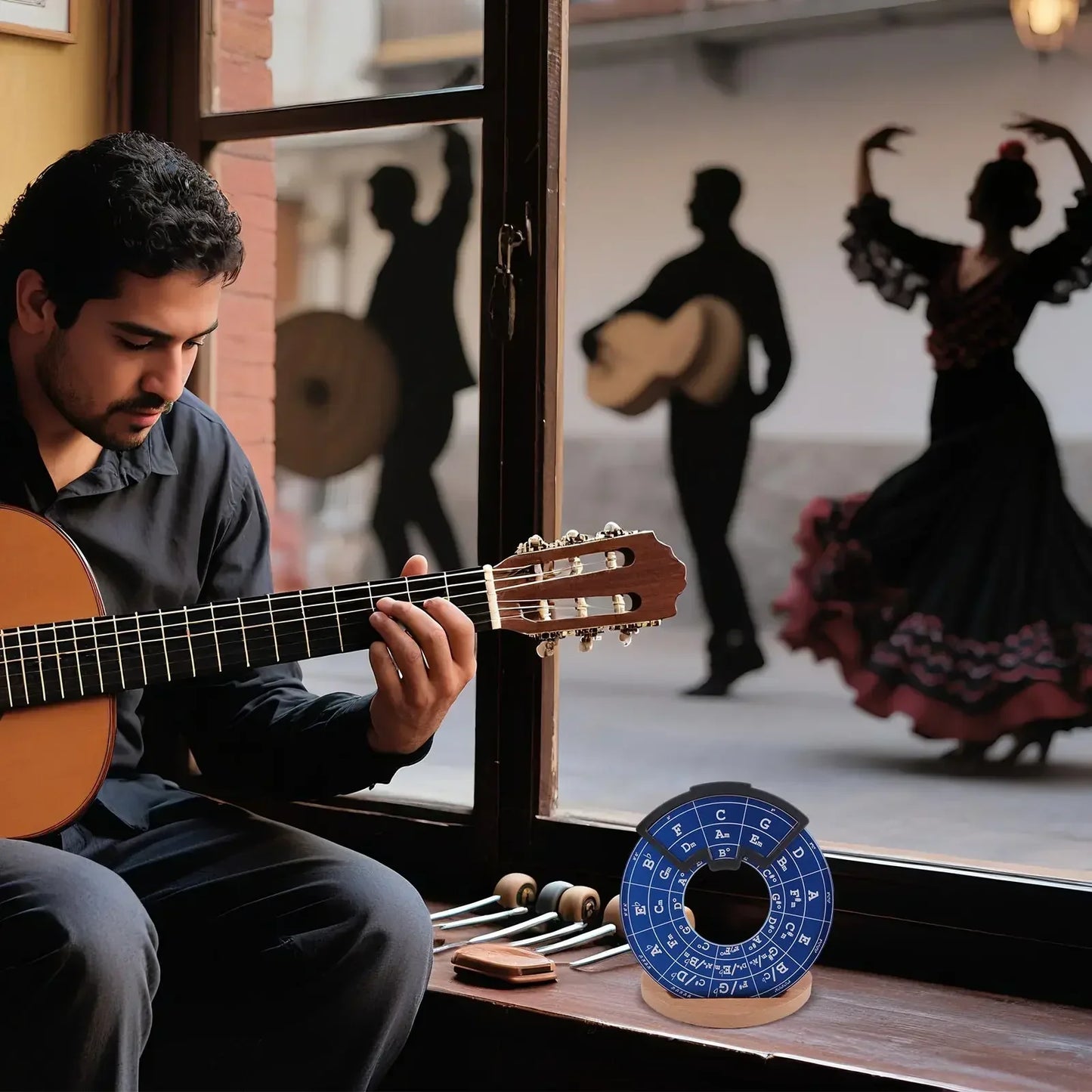Blue circular fifths wheel with white lettering on wooden stand music theory learning tool for chord progressions