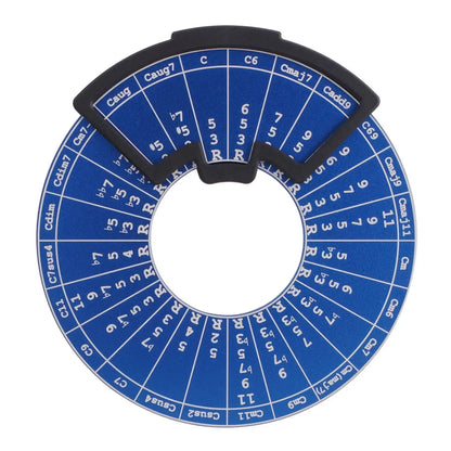 Blue circular metal fifths wheel with black frame and white chords on wooden stand music theory learning tool