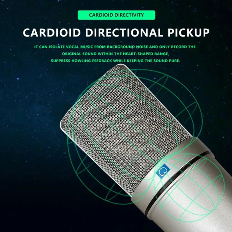 Silver metal condenser microphone with metallic mesh grille and blue logo for professional recording and game broadcaster streaming