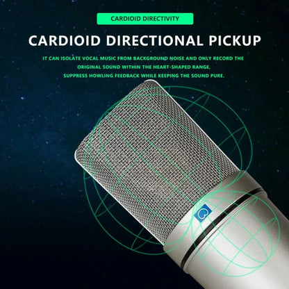 Silver metal condenser microphone with metallic mesh grille and blue logo for professional recording and game broadcaster streaming