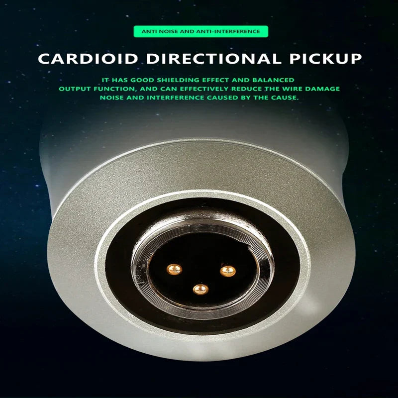Silver metal condenser microphone with cardioid pickup and three gold-plated pins for professional recording and streaming