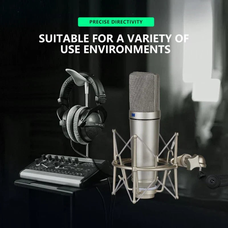 Silver metal condenser microphone with mesh grille mounted in shock mount for professional microphone recording and streaming