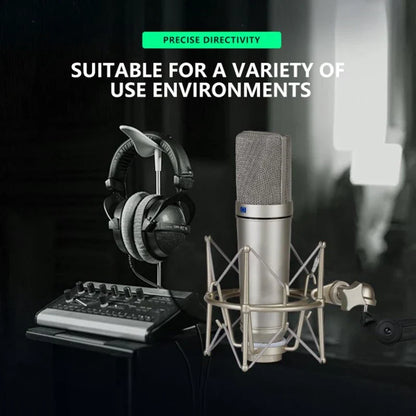 Silver metal condenser microphone with mesh grille mounted in shock mount for professional microphone recording and streaming