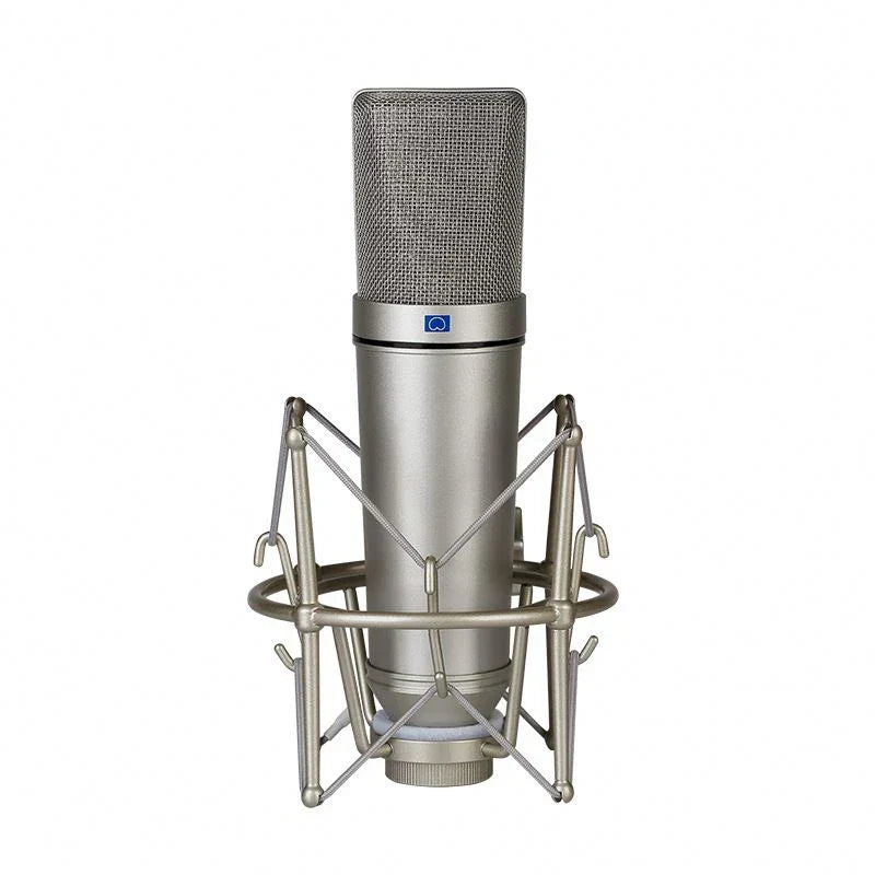 Silver metal condenser microphone with mesh grille and blue logo in shock mount for professional microphone recording and game broadcaster streaming