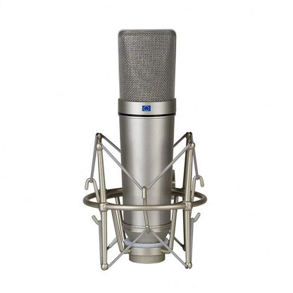 Silver metal condenser microphone with mesh grille and blue logo in shock mount for professional microphone recording and game broadcaster streaming