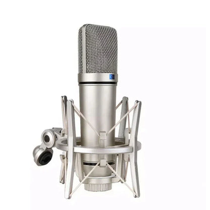 Silver metal condenser microphone with mesh grille and shock mount for professional microphone recording and streaming