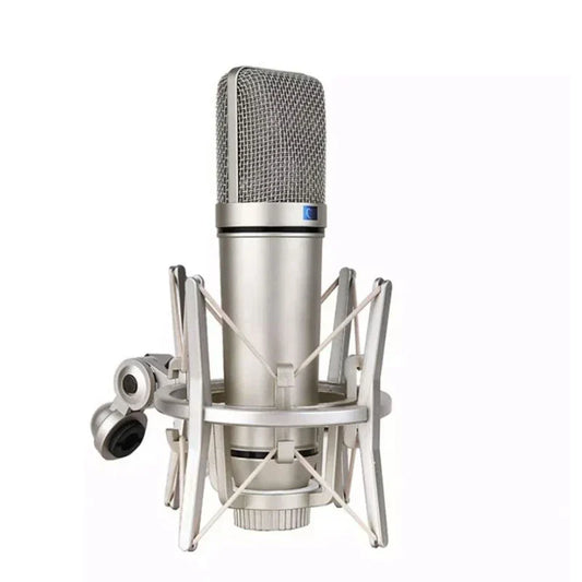 Silver metal condenser microphone with mesh grille and shock mount for professional microphone recording and streaming