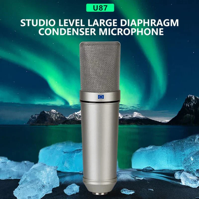 Silver metal condenser microphone with large diaphragm and mesh grille for professional microphone recording and streaming