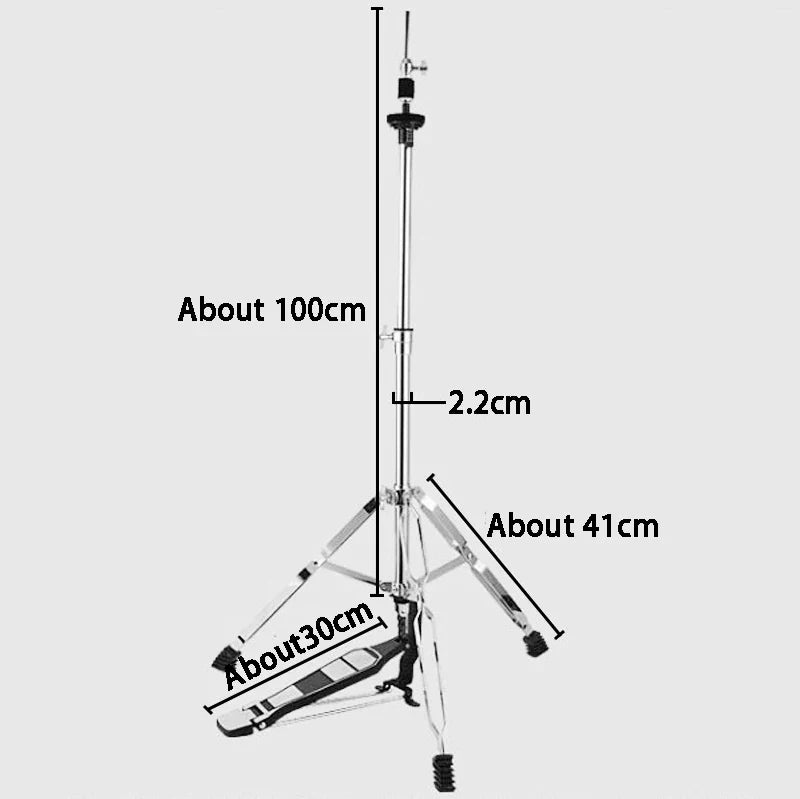 Adjustable chrome metal cymbal stand with triangle support bracket and pedal tripod base for professional jazz drum accessories