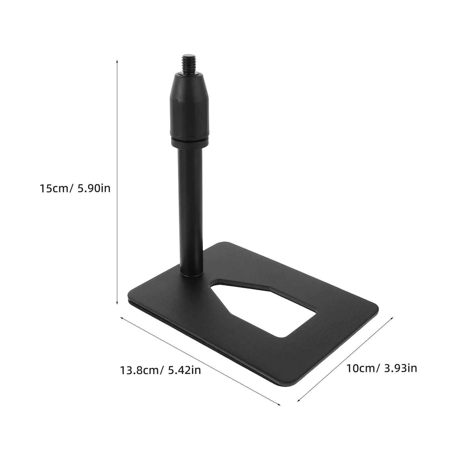 Black metal desktop microphone stand with rectangular base universal design and adjustable height for live streaming use