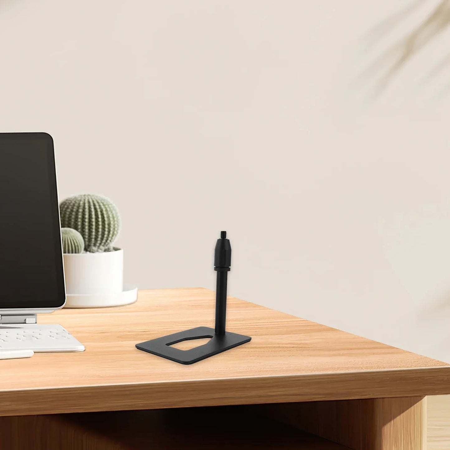Black metal desktop microphone stand with adjustable height and rectangular base universal mic holder live streaming use