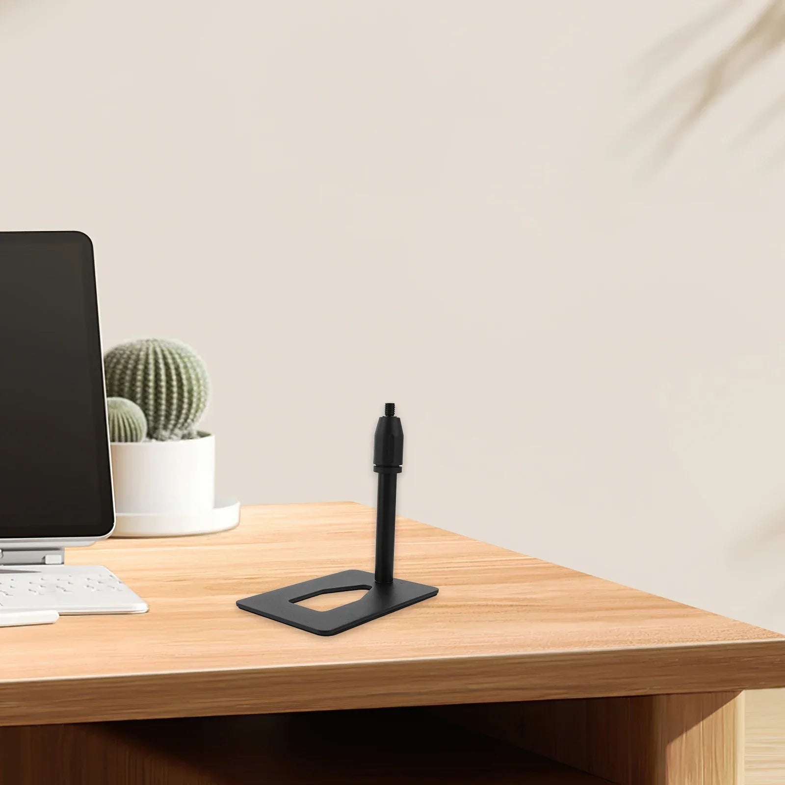 Black metal desktop microphone stand with adjustable height and rectangular base universal mic holder live streaming use