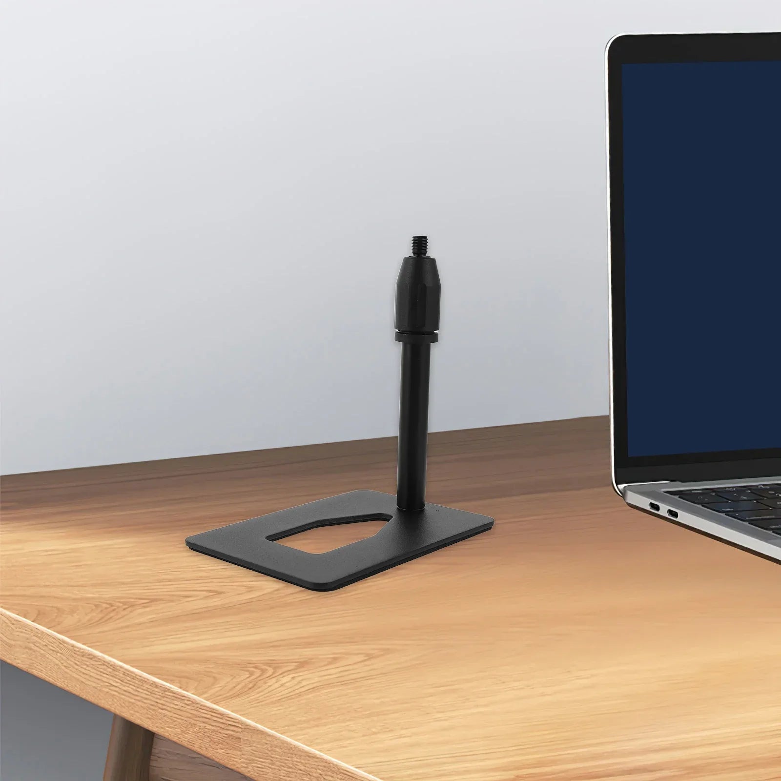 Black metal desktop microphone stand with rectangular base universal mic holder live streaming karaoke recording stable design