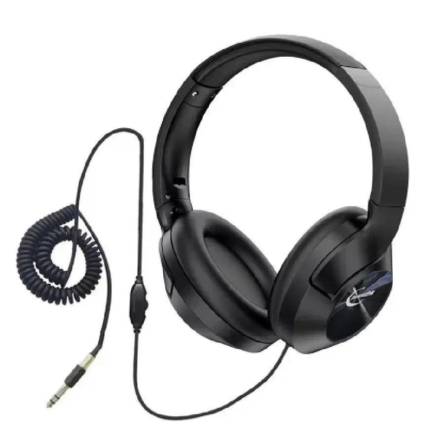 Black metal detector earphone with padded earcups coiled cable and 35mm jack for professional metal detector use