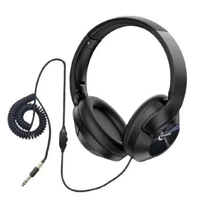 Black metal detector earphone with padded earcups coiled cable and 35mm jack for professional metal detector use