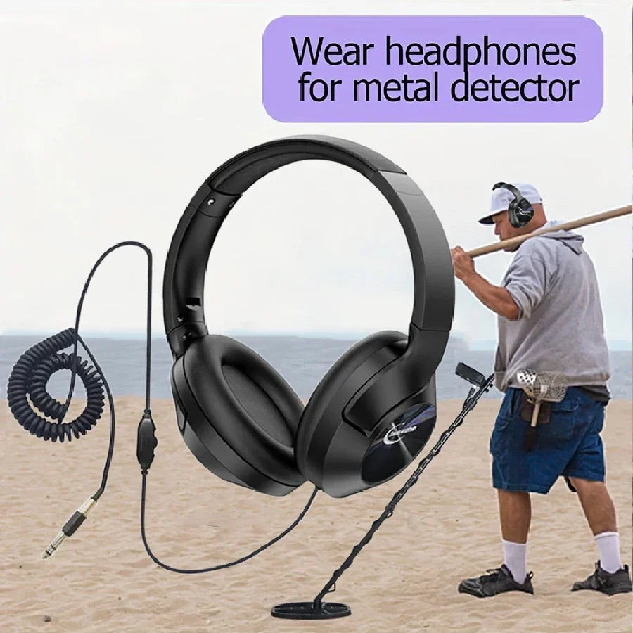 Black over-ear metal detector earphone with coiled cable and 35mm jack for professional metal detector headset use