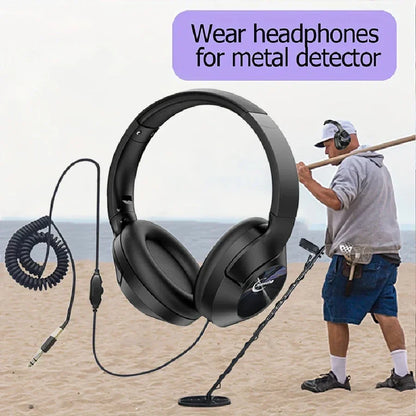 Black over-ear metal detector earphone with coiled cable and 35mm jack for professional metal detector headset use