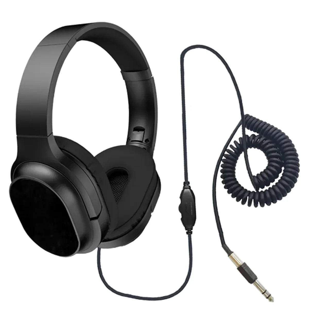 Black over-ear metal detector earphone with coiled cable and inline control for professional metal detector use
