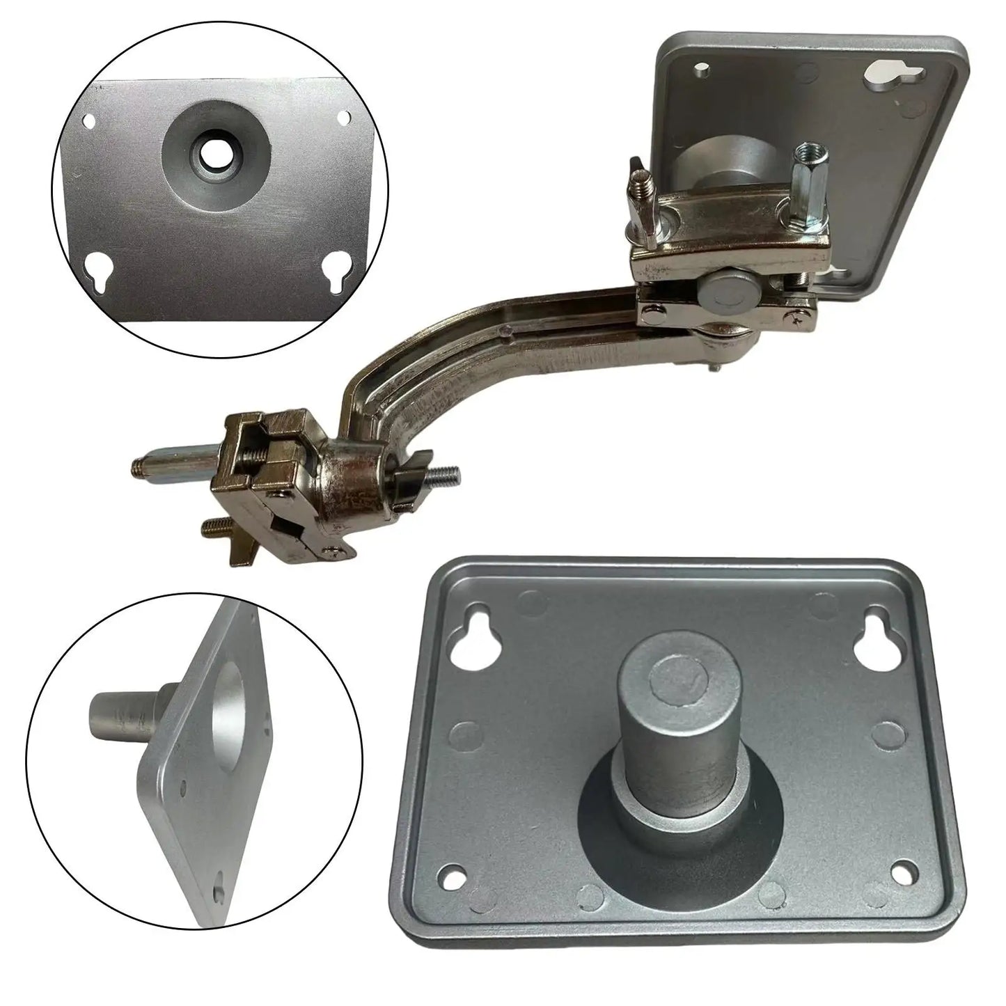 Adjustable silver metal drum pad stand with articulated joint and mounting plates for electronic drum set percussion instrument plate