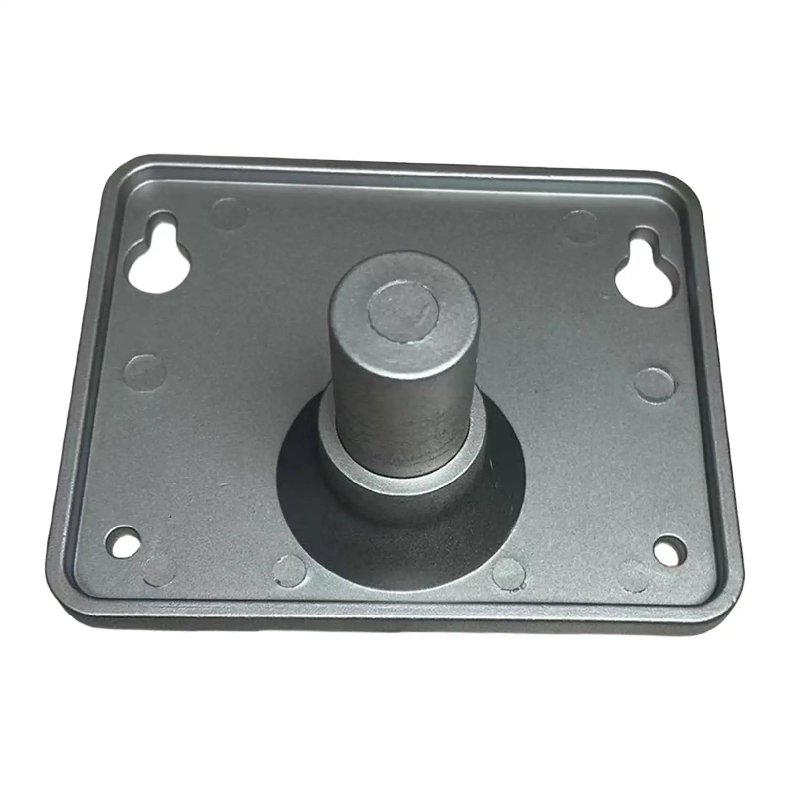 Gray metal percussion instrument plate with central post and four holes for electronic drum set drum pad stand