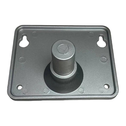 Gray metal percussion instrument plate with central post and four wall-mounting holes for electronic drum set stand