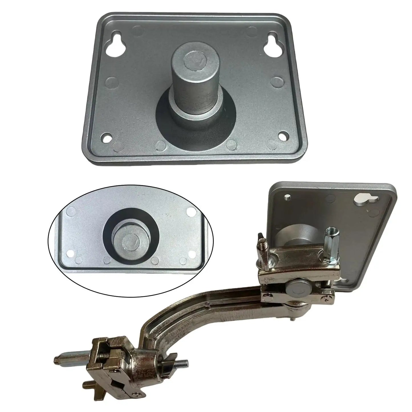 Silver metallic door hinge assembly with adjustable arm for percussion instrument plate in electronic drum set stand